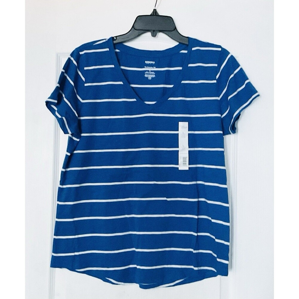 Sonoma Goods For Life Women's Short Sleeve V-Neck Tee Size L, Cobalt Stripe NWT